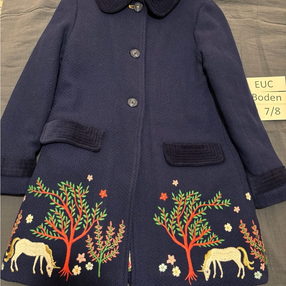 Mini Boden 7 8 Navy Blue Childs  Coat with Embroidered Unicorn Garden Tree